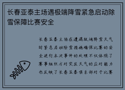 长春亚泰主场遇极端降雪紧急启动除雪保障比赛安全