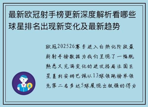 最新欧冠射手榜更新深度解析看哪些球星排名出现新变化及最新趋势 最新欧冠射手榜更新深度解析看哪些球星排名出现新变化及最新趋势