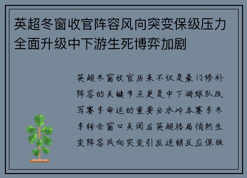 英超冬窗收官阵容风向突变保级压力全面升级中下游生死博弈加剧 英超冬窗收官阵容风向突变保级压力全面升级中下游生死博弈加剧